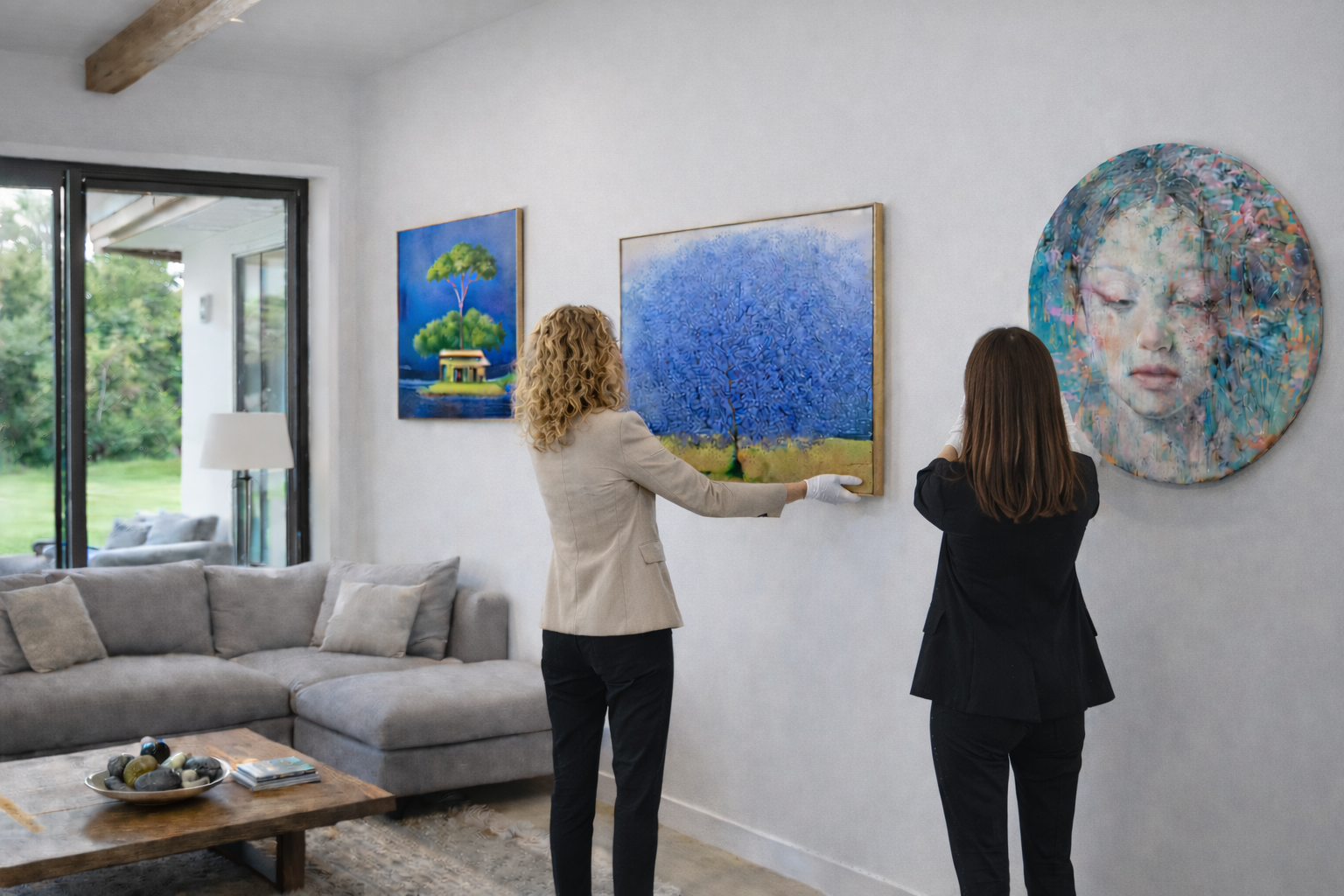 Art handlers installing artwork